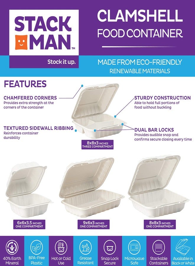 Stack Man Eco-Friendly Meal Prep Containers 3 Compartment [50-Pack 8x8x3"] Disposable to go Clamshell Food Containers Secure Snap Hinged Lid, Microwave Safe Take Out Lunch Boxes, Made from Renewable Materials - Image 3